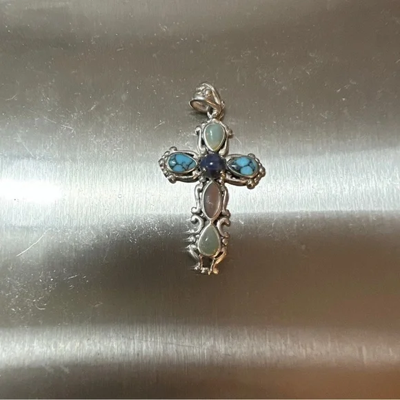Vintage Sterling Silver Cross With Multicolored Gemstones 1.75 Inches Signed - Picture 4 of 8
